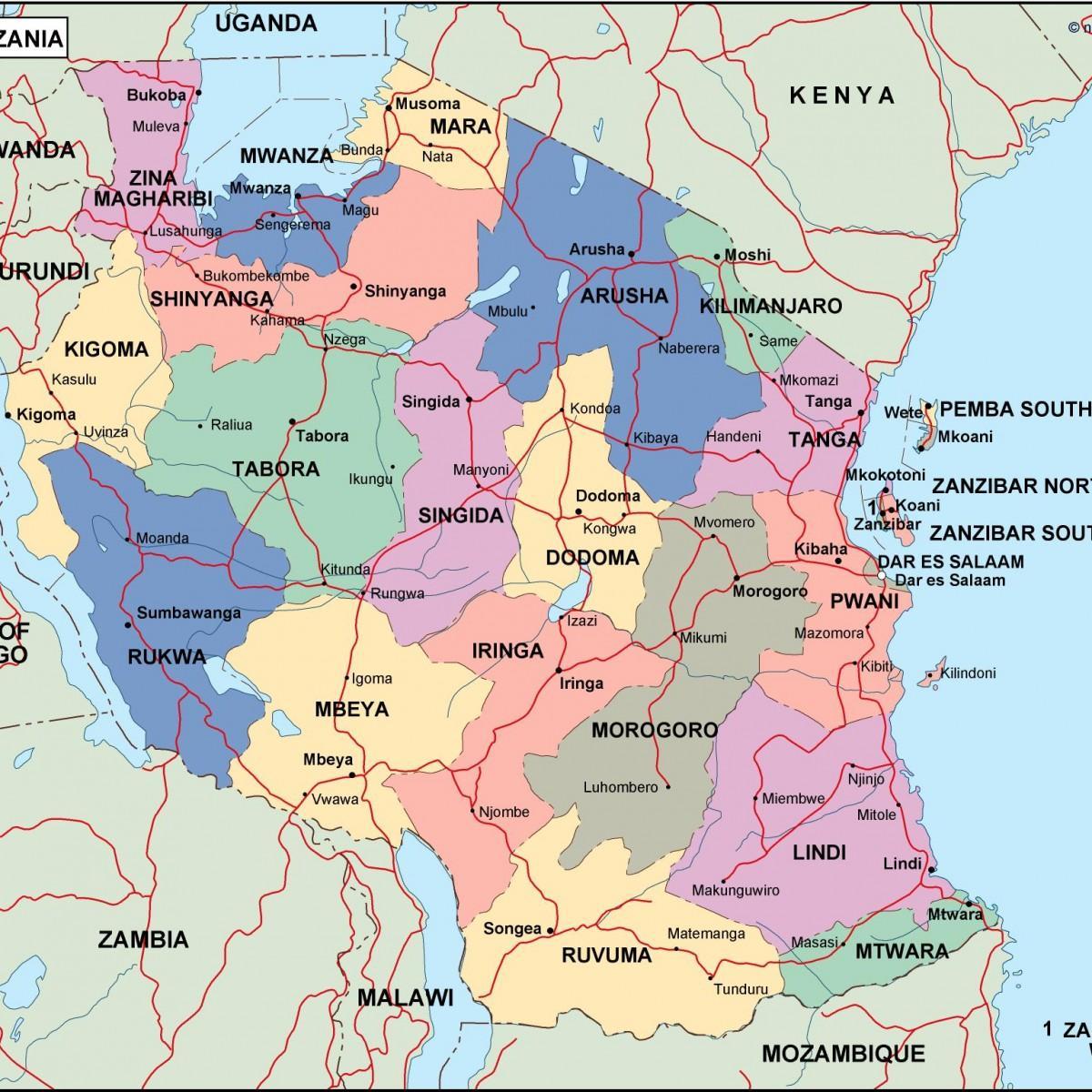 რუკა ტანზანიის პოლიტიკური