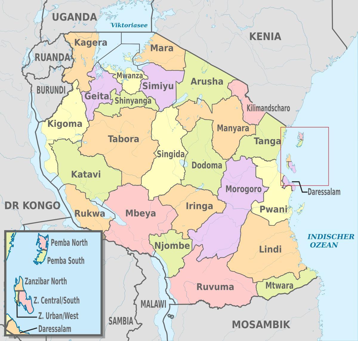 ტანზანიის რუკა ახალი რეგიონებში