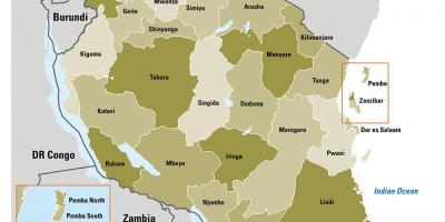 რუკა ტანზანიის აჩვენებს რეგიონებში